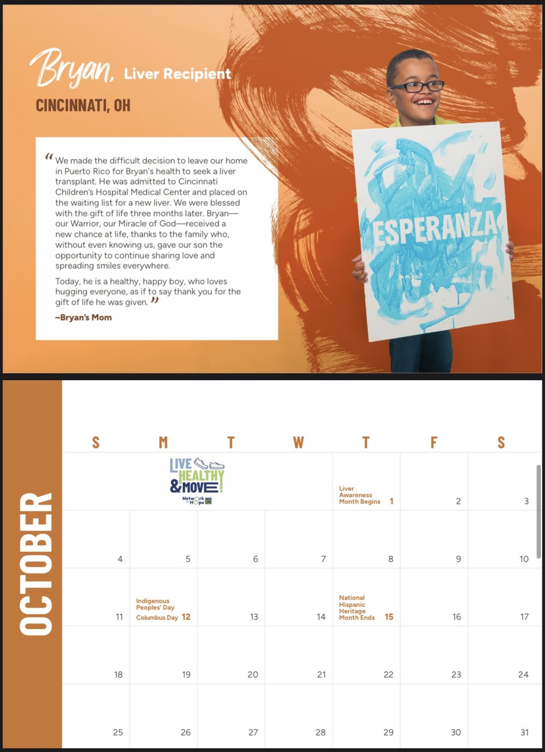 Bryan's calendar spread, liver recipient, with artwork reading Esperanza