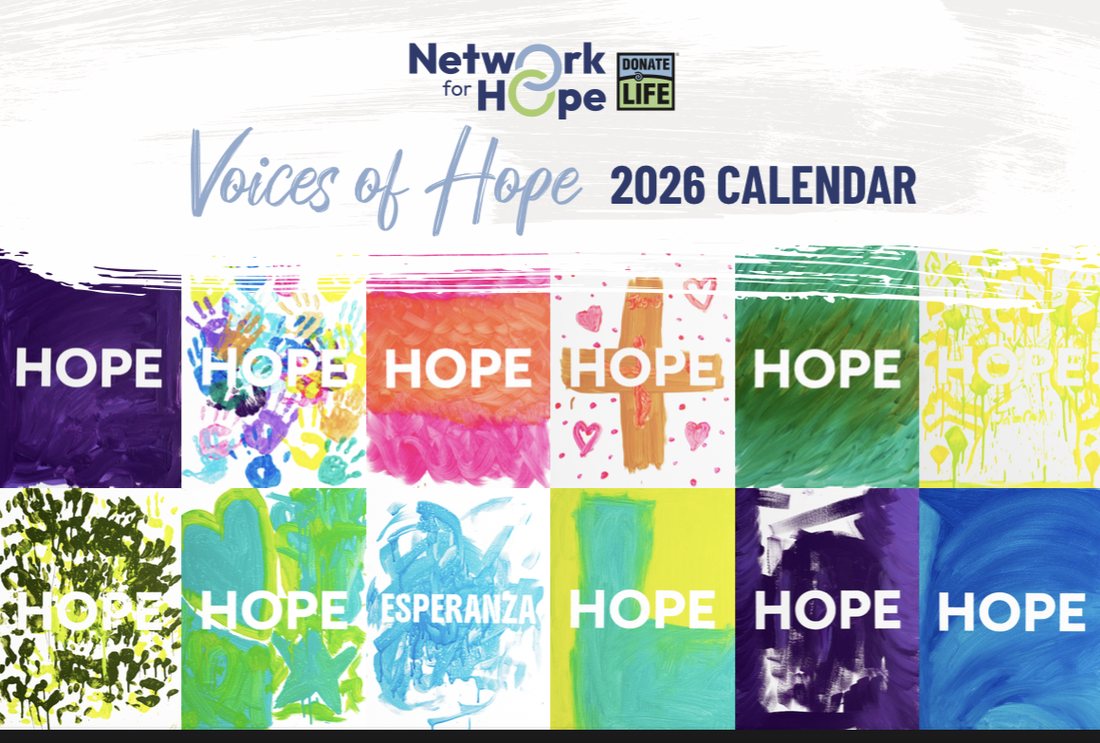 Voices of Hope 2026 calendar cover, a grid of paintings of the word HOPE