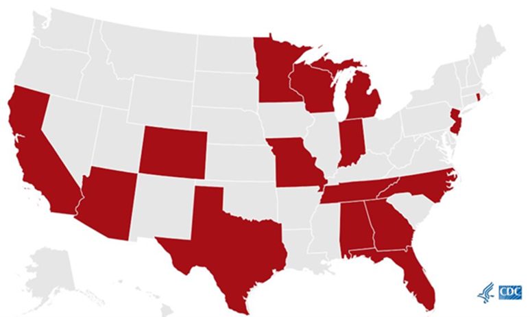 Map of the United States with the 16 Sickle Cell Data Collection Program states highlighted